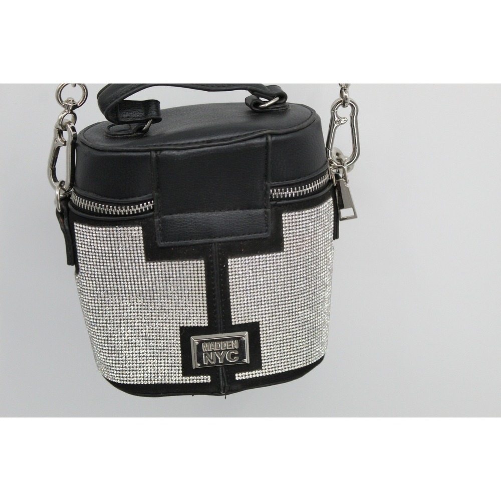 Madden NYC Rhinestone Bucket Bag Black Silver Chain Crossbody Handbag - Picture 3 of 11